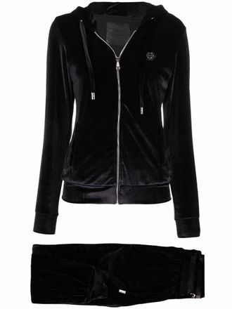 Philipp Plein logo-embellished velvet tracksuit - women - Spandex/Elastane/Polyester/glass - S - Black