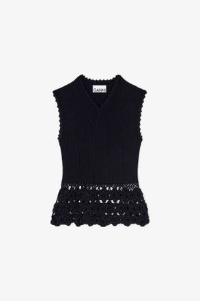 Ganni Black Vest in Cotton Crochet - Size XXS Organic