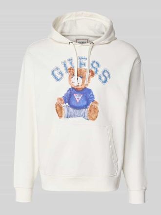 Guess Hoodie mit Label-Print und K&auml;nguru-Tasche in Weiss, Gr&ouml;&szlig;e XXL