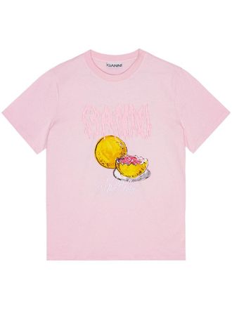 Ganni logo appliqu&eacute; graphic print t-shirt - women - Cotton - S - Pink