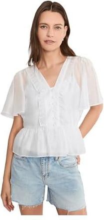 Vince Camuto V-neck Double Ruffle Buttondown Top W/ Peplum And Flutter Sleeve Womens Clothing Ultra White : 2XL, Lyocell/Polyester