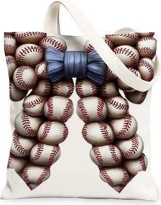 Generic Baseball Pattern Canvas Tote Bags, Sporty Reusable Grocery Bags, Lightweight Washable Shoulder Strap Canvas for Gym Outdoor, White, 13x15 Inch