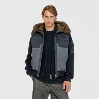 Diesel Hooded padded jacket with knitted sleeves - Winter Jackets - Man - Blue