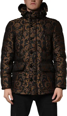 Dolce & Gabbana Mens Black Floral Jacquard Quilted Hooded Jacket Polyester Clothing