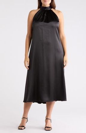 Renee C Satin Tie Neck Midi Dress in Black at Nordstrom Rack, Size 3X