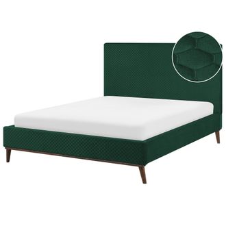 Beliani Beliani - Cama Con Somier De Terciopelo Verde Oscuro Madera Oscura 140 X 200 Cm Acolchado Bayonne