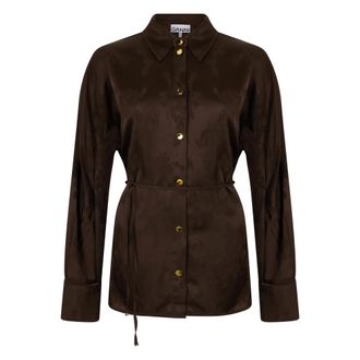 Ganni Shirts, female, Brown, Size: L Satin Shirt with Jacquard Effect