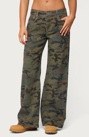 Edikted Quicy Studded Low Rise Baggy Jeans in Olive-Washed at Nordstrom, Size X-Small
