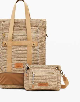 Desigual Zaino grande componibile in rafia beige-Neutro