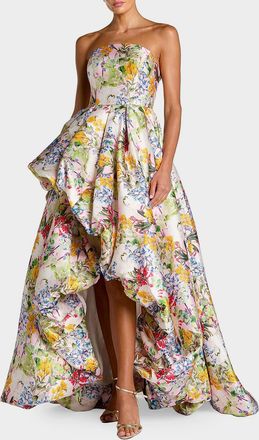 Mac Duggal Floral Mikado Strapless High-Low Bubble Hem Gown