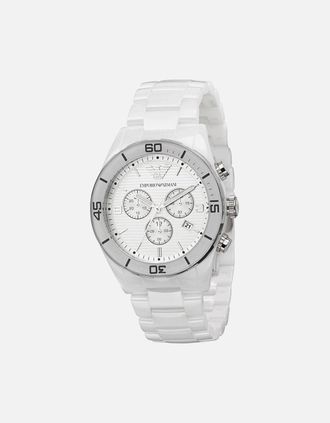 Emporio Armani Mens Emporio Armani AR1424 White Ceramica Mens Watch - Silver