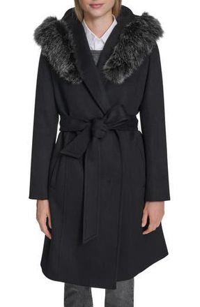 Cole Haan Slick Wool Blend Coat with Faux Fur Trim Hood in Black at Nordstrom Rack, Size 6