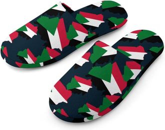 Generic Flag Map of Sudan Flannel Mens Slip-on Slippers Winter Warm House Shoes with Rubber Sole for Home Hotel