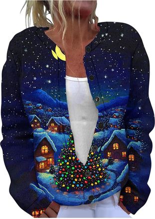 Generic Christmas Cardigans for Women UK Elegant Retro Printed Ribbed Knit Coat Ladies Novelty Xmas Colourful Print Cardigans Soft Knitted Jumper Sweater Wome