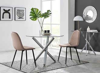 Furniturebox Selina Round Glass Chrome Leg Dining Table & 2 Corona Black Leg Chairs in Beige | Size: 2 Person