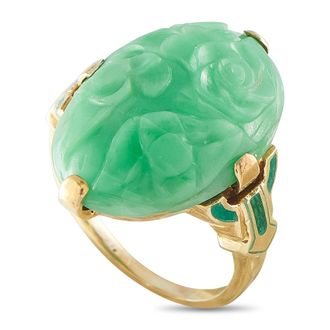 Luxury Bazaar Vintage 14K Yellow Gold Carved Jade and Enamel Ring MF03-091526