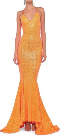 Norma Kamali Sequin Low Back Slip Mermaid Fishtail Gown In Neon Orange