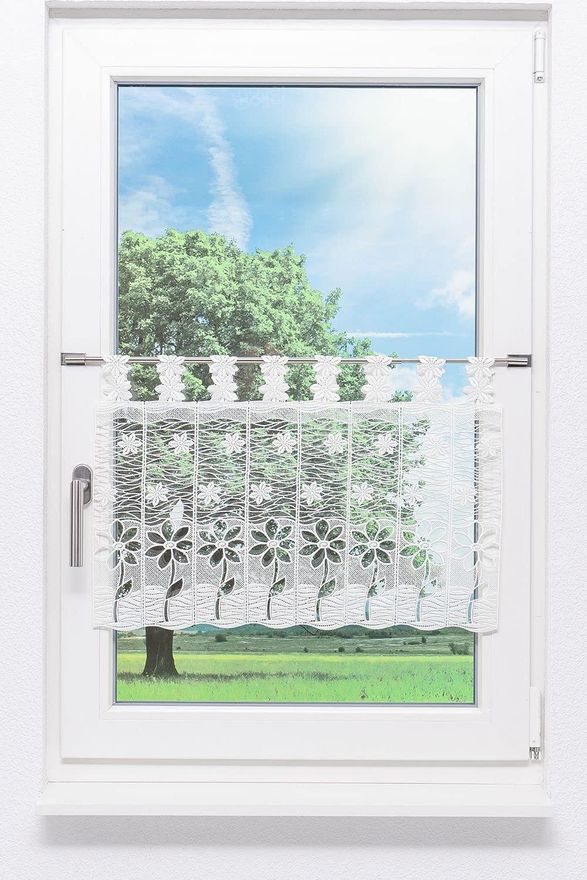 Plauener Spitze Bistro Gardine – 41x176 Cm, Weiße Stickerei, Mit Stangendurchzug, Maschinenwaschbar