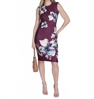 Calvin Klein Womens Scuba Floral-Print Sheath Mini Dress In Purple