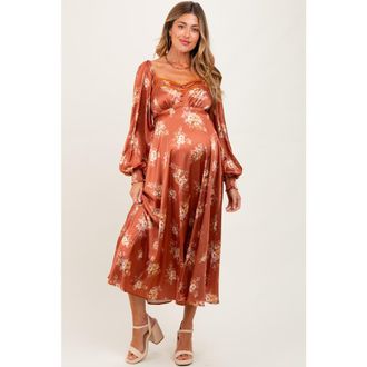 Pinkblush Satin Floral Bubble Sleeve Midi Dress in Rust at Nordstrom, Size Medium