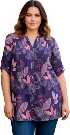 Roaman's Pintuck Tunic Blouse Y-Neck & Roll-Tab Sleeves in Midnight Violet Palm Leaves at Nordstrom, Size 38