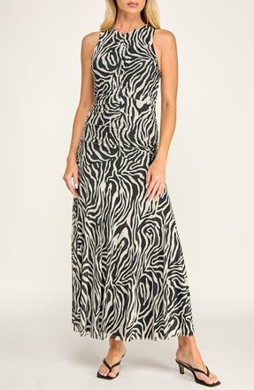 Socialite Ruched Mesh Midi Dress in Ivory Black Zebra at Nordstrom, Size X-Small