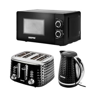 Geepas Argyle 1.7L Electric Kettle 4 Slice Bread Toaster 20L Microwave Oven Set in Black