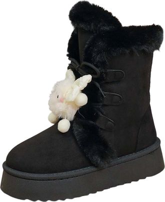 Generic Womens Snow Boots Platform Winter Fur Lined Shoes Lace Up Low Chunky Heel Flat Warm Ladies Winter Ankle Boots Lightweight Outdoor Anti-Slip Hiking Wal