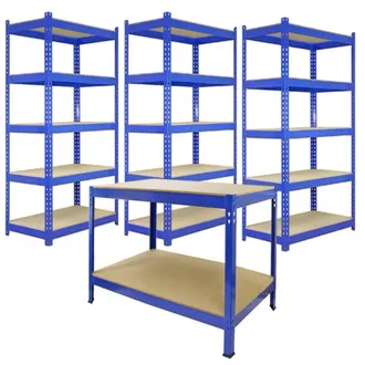 MonsterShop 3 x 90cm Q-Rax Blue Metal Racking Units & Workbench | Size: 3 x 90 cm