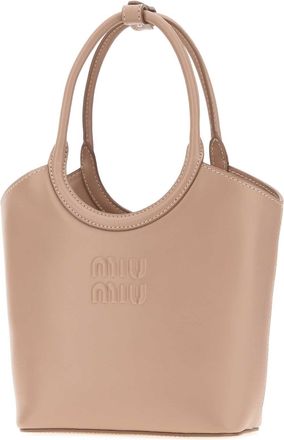 Miu Miu Womens Embossed Logo Leather Shoulder Bag Beige Calf