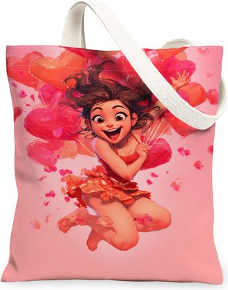 Generic Heart Balloon Canvas Tote Bags, Cute Playful Design Lightweight Washable Reusable Shopping Bags for Summer Outdoor Travel B, Peach, 13x15 Inch