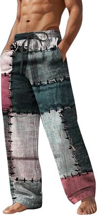 Generic Cotton Linen Pants Elastic Waist Summer Beach Pants Men Drawstring Casual Pant Loose Drop Crotch Trousers Hippie Harem Pant Beach Yoga Trouser Straigh