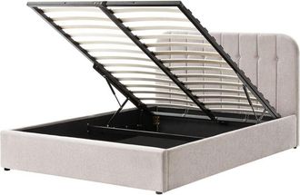 Beliani Bed Frame Beige Chenille Upholstery EU King Size 5ft3 Lift Up Storage with Headboard and Slatted Base CHALLANS