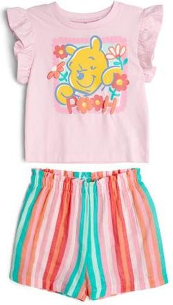 Disney Winnie the Pooh 2-Piece Short Sleeve Tee and Gauze Shorts Set in Pink Multi Pooh at Nordstrom, Size 12M