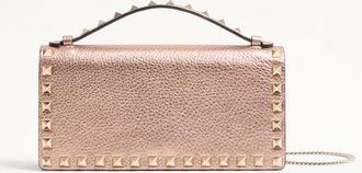 Valentino Garavani Portafoglio Con Catena Rockstud In Vitello Granato Laminato Donna ROSE CANNELLE UNI