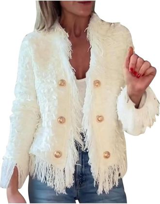 Generic Womens Fashion Fringe Cardigan Jacket, Tweed Jackets Dressy Tassel Long Sleeve Lightweight Fall Coats Shaggy Jackets (Black,L)