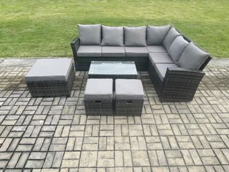 Fimous Wicker PE Outdoor Garden Furniture Set High Back Rattan Corner Sofa Set with Rectangular Coffee Table 3 Footstools in Dark Grey