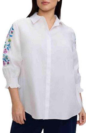 Foxcroft Olivia Embroidered Sleeve Stretch Cotton Blend Button-Up Shirt in White at Nordstrom, Size 2 X