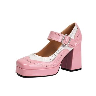 Generic Womens Patent Leather Mary Janes Chunky High Heel Platform Pumps Ankle Strap Party Prom Dress Shoes with Buckle,Pink,6.5 UK