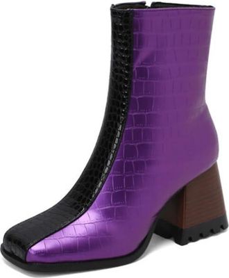 Generic Womens Contrast Panel Ankle Boots Square Toe Chunky Heel Snakeskin Crocodile Pattern Cushioned Insole Non-Slip Outsole Party Daily Streetwear Shoes,Pu