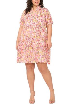 CeCe by Cynthia Steffe Floral Tiered Ruffle Neck Cotton Dress in New Ivory/Pink Multi at Nordstrom, Size 2 X