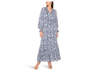 Vince Camuto Long Sleeve Smocked Waist Tiered Ruffle Maxi Womens Dress Classic Navy : MD, Polyester