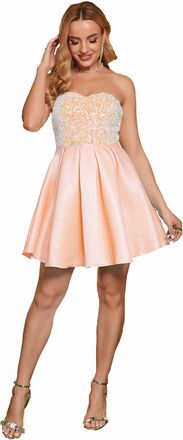 Angel Fashions Womens Strapless Champange Sequin A-Line Satin Elegant Short Prom Dress Size 8