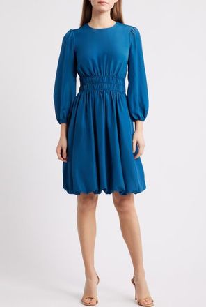 Eliza J Balloon Sleeve Crepe Fit & Flare Dress in Teal at Nordstrom, Size 10