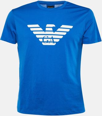 Emporio Armani Blue Logo Printed Cotton Knit T-Shirt