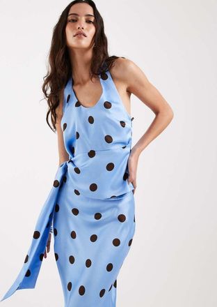 4th & Reckless Top allacciato al collo drappeggiato in vita in raso blu e cioccolato a pois in coordinato