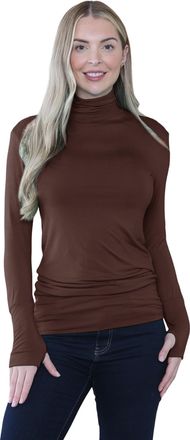 Janisramone Plain Long Sleeve Gym Tops Women with Thumb Hole and High Polo Neck, Plain Stretch Running Top Womens, Pull Over Soft Yoga Tops for Women UK Chocolate