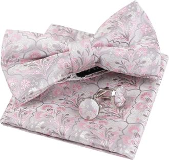 Alizeal Mens Floral Pre-tied Bow Tie, Pocket Square and Cufflinks for Wedding Party Business 3pc Set, Silver+Pink+Gray
