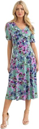 Klass Floral Watercolour Print V Neck Dress - SAGE/Multi - 16
