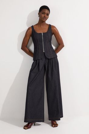 Karen Millen Womens Petite Tailored Denim Peplum Wide Leg Jumpsuit - Indigo Blue Cotton - Size 4 UK